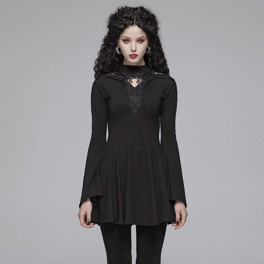 Women's Goth Stand Collar Floral Lace Long Sleeved Dress