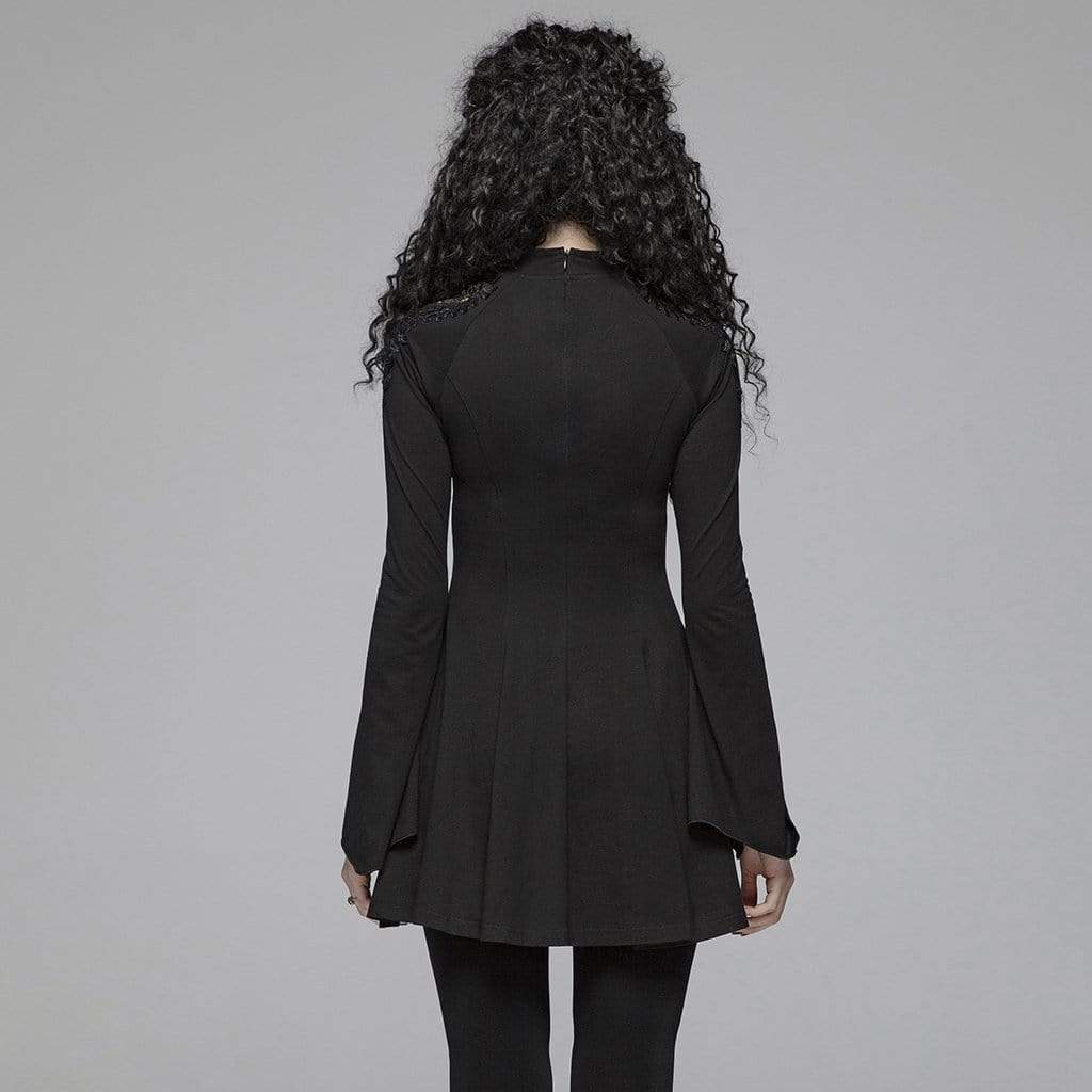 Women's Goth Stand Collar Floral Lace Long Sleeved Dress
