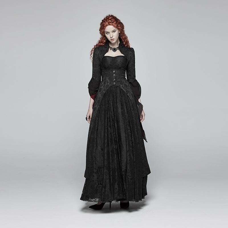 Women's Goth Stand Collar Floral Maxi Coat With Flare Sleeves