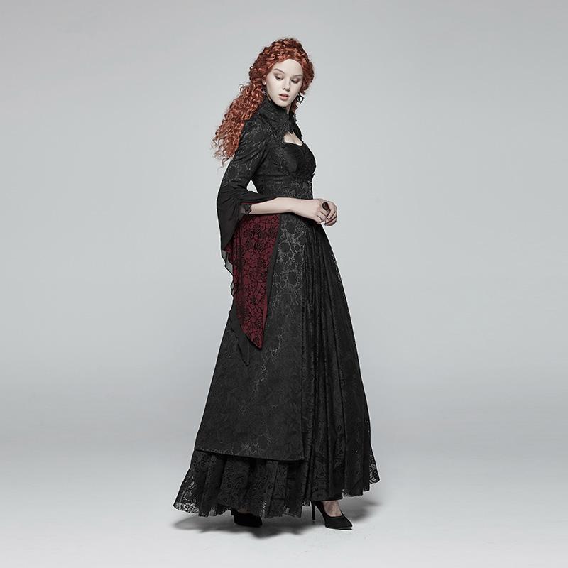 Women's Goth Stand Collar Floral Maxi Coat With Flare Sleeves