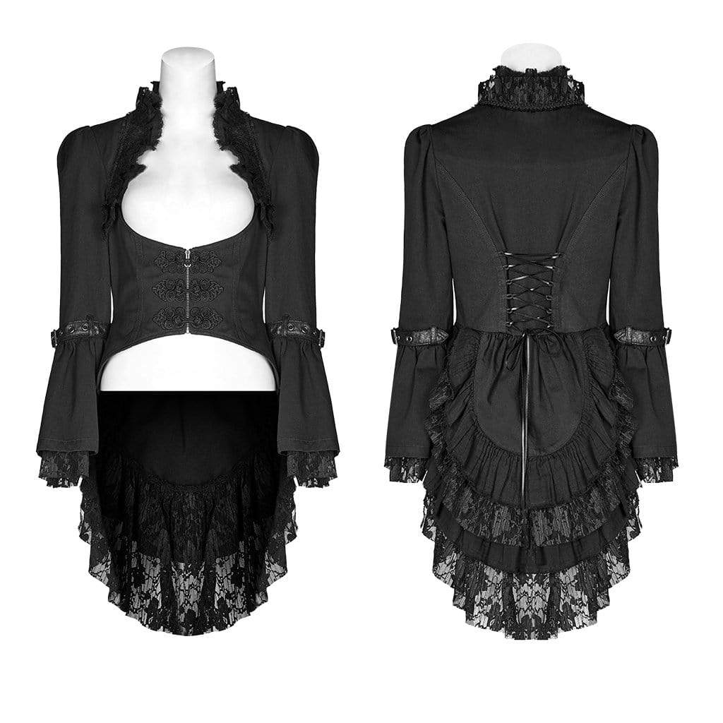 Women's Goth Stand Collar Lace Tailed Ruffle Coat