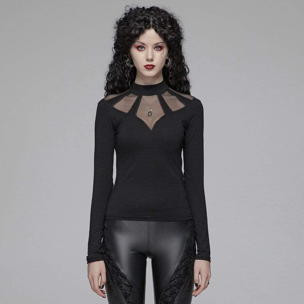 Women's Goth Stand Collar Mesh Sheer Long Sleeved T-shirts