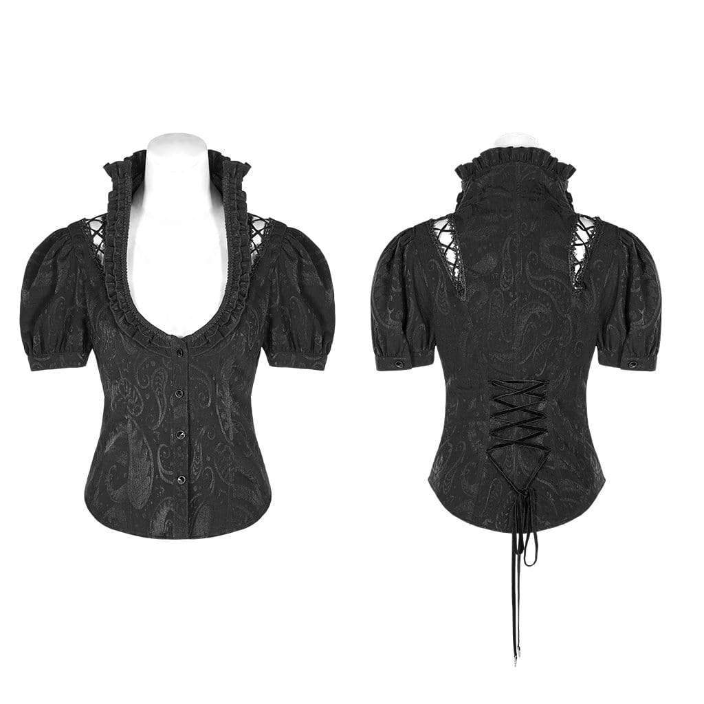 Women's Goth Stand Collar Puff Sleeved Black Shirts