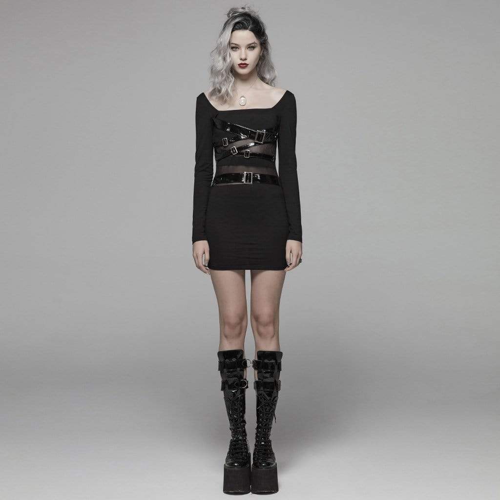 Women's Goth Straps Long Sleeved Sheer Black Little Dress