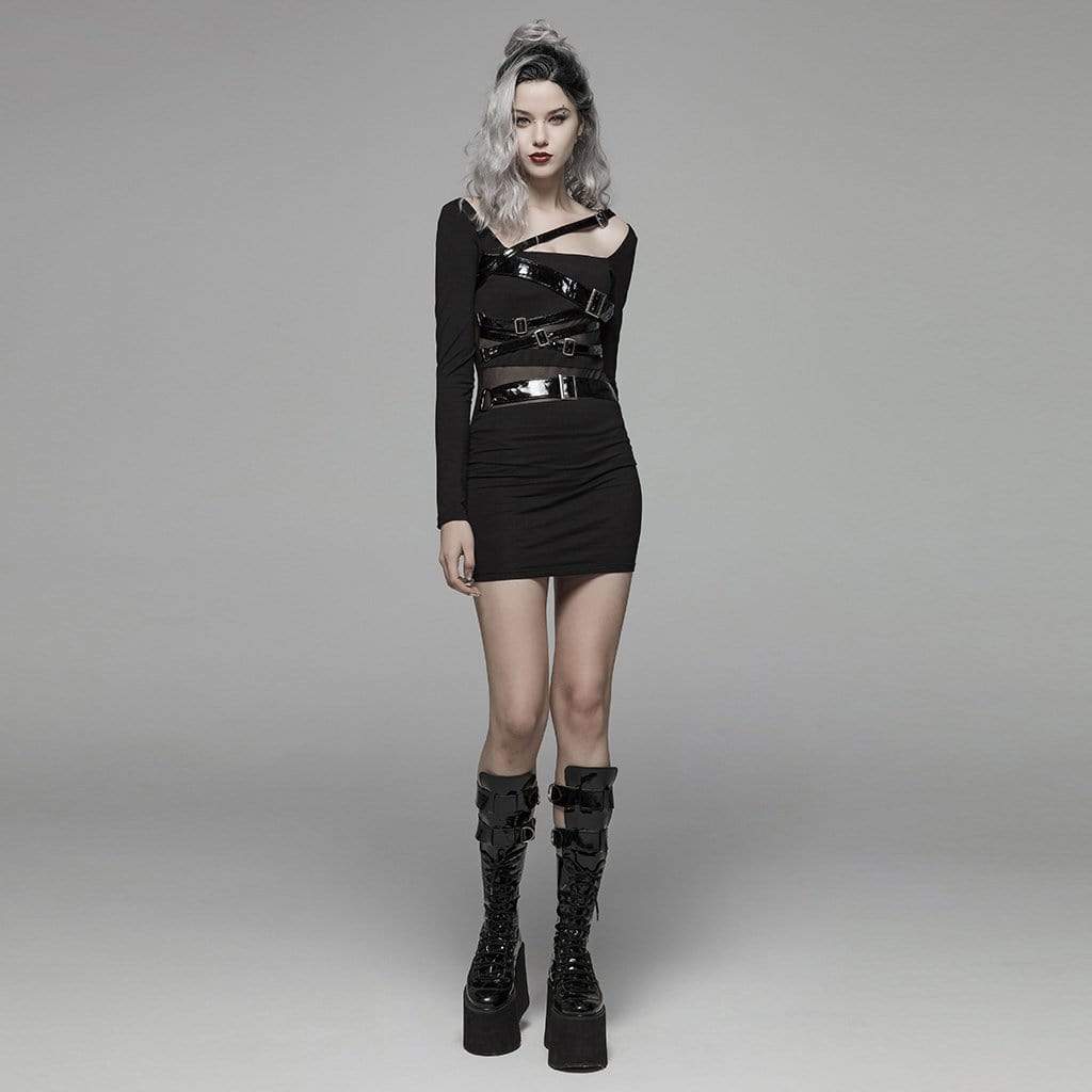 Women's Goth Straps Long Sleeved Sheer Black Little Dress