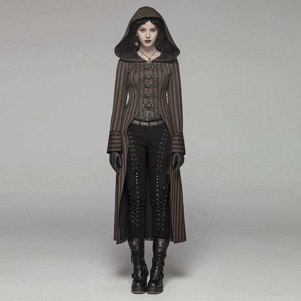 Women's Goth Stripes Hooded Swallow Tailed Overcoat Coffee