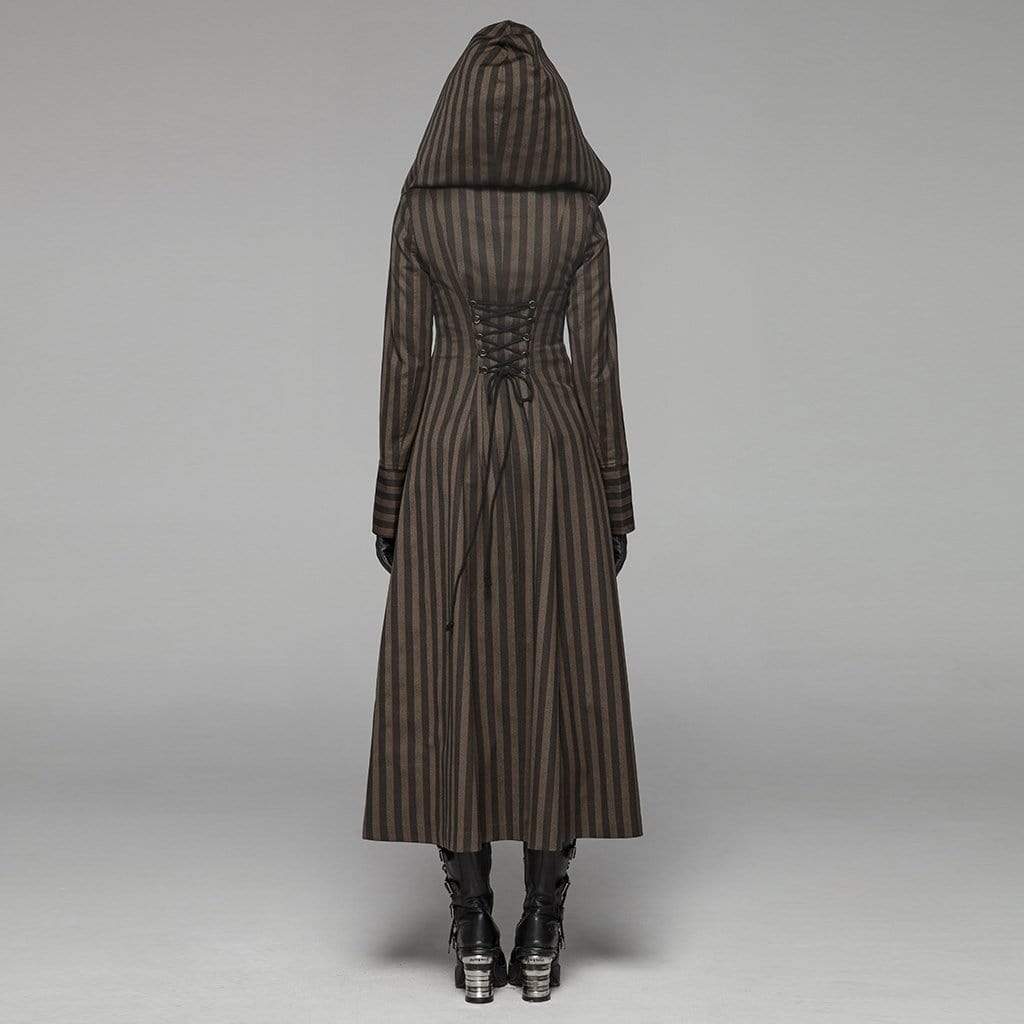 Women's Goth Stripes Hooded Swallow Tailed Overcoat Coffee