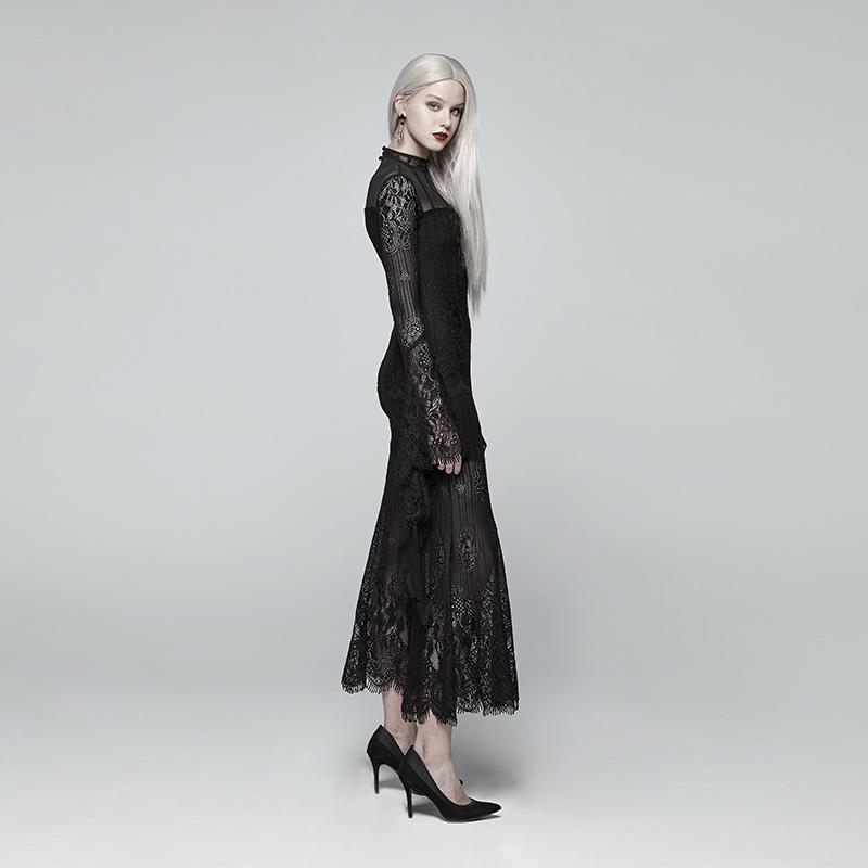 Women's Goth Translucence Long Sleeved Floral Lace Maxi Dress