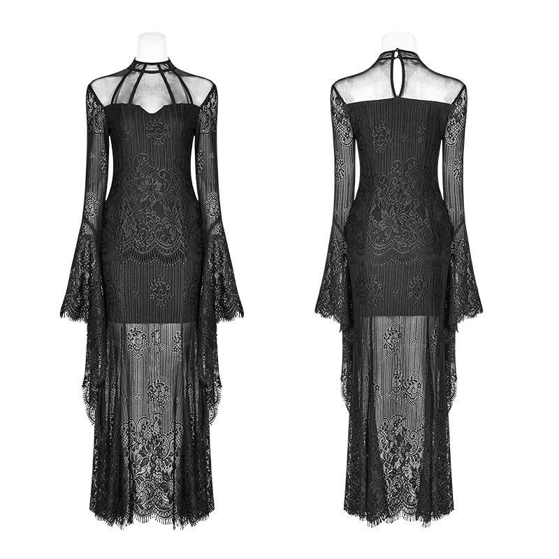 Women's Goth Translucence Long Sleeved Floral Lace Maxi Dress