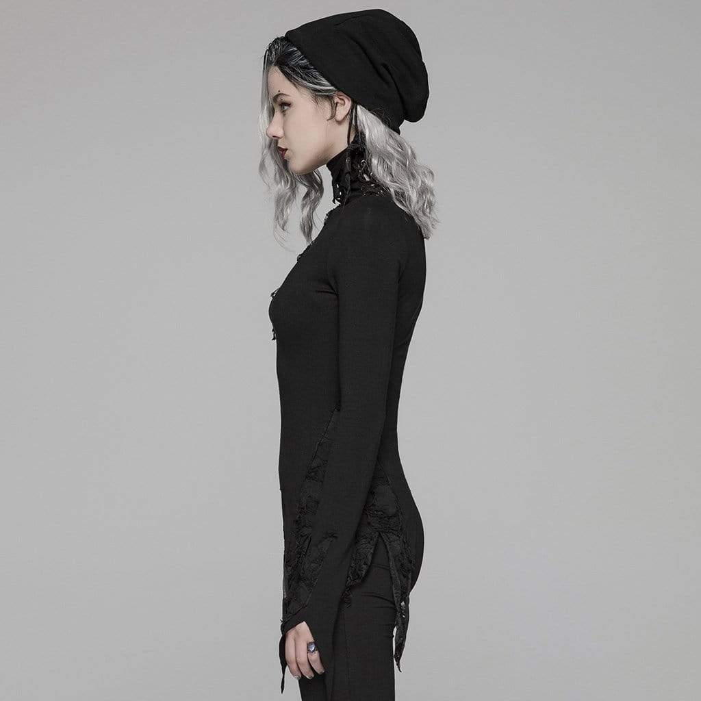 Women's Goth Turtleneck Flare Sleeved Iregular T-shirts