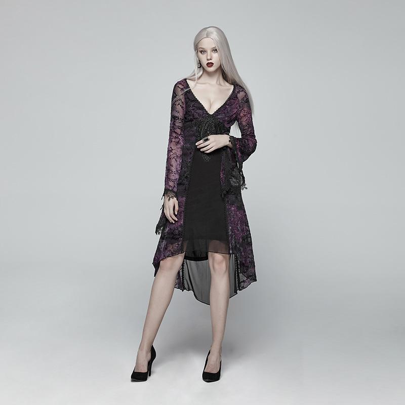 Women's Goth V-neck Long Sleeve High/Low Floral Lace Dress