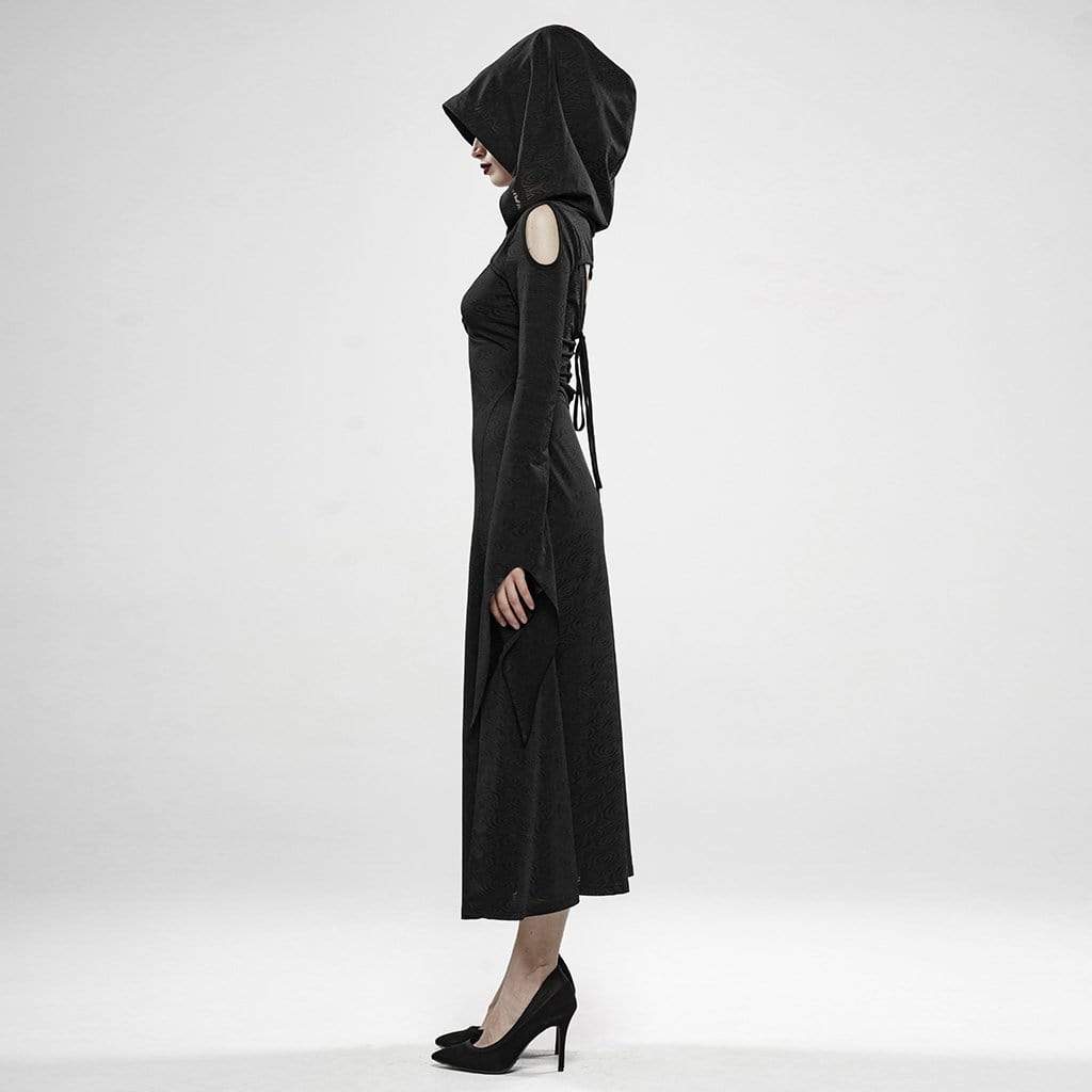 Women's Goth Witch Cutout Flare Sleeved Dresses With Hood