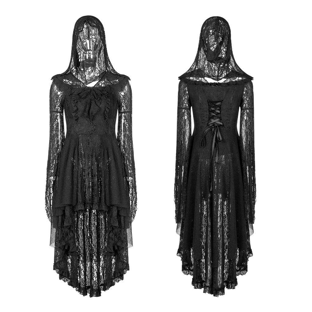 Women's Goth Witch Lace Irregular Dresses With Hooded