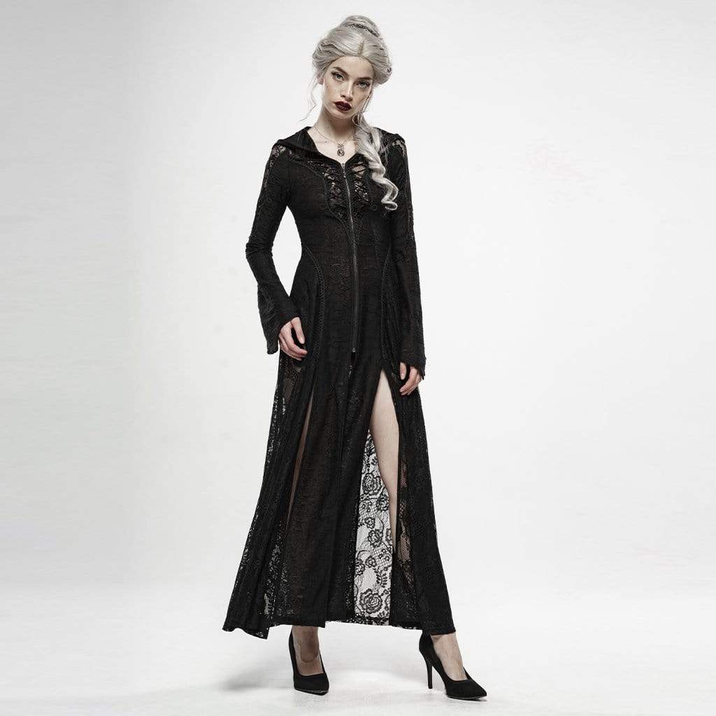 Women's Goth Yarn Zipper Fly Lace Long Dresses With Hood