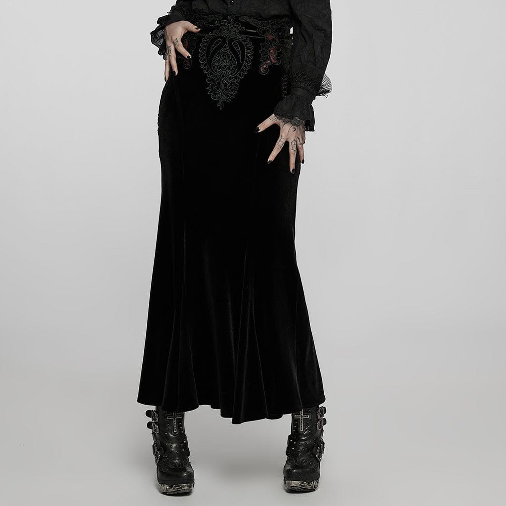 PUNK RAVE Women's Gothic Applique Fishtail Maxi Skirt