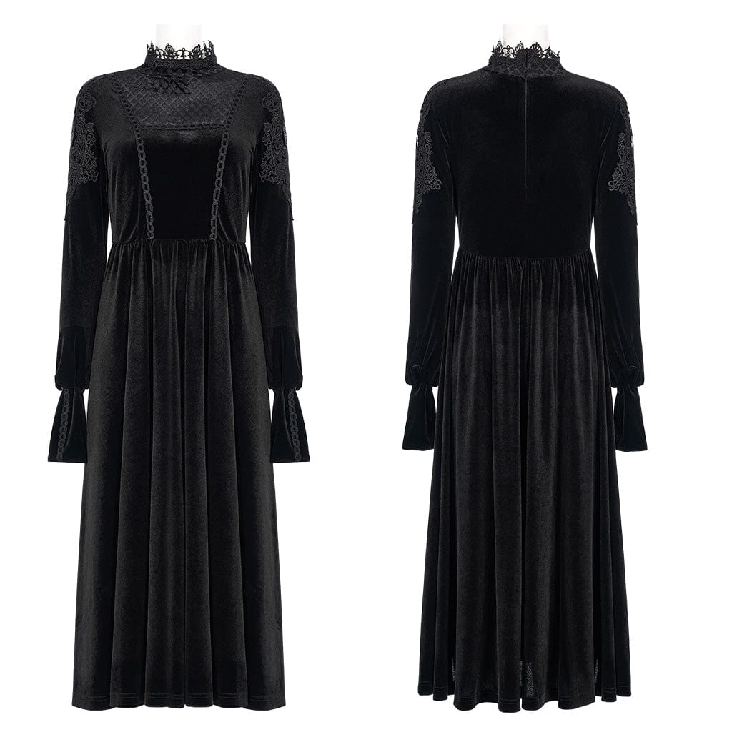 PUNK RAVE Women's Gothic Applique High-waisted Velet Maxi Dress
