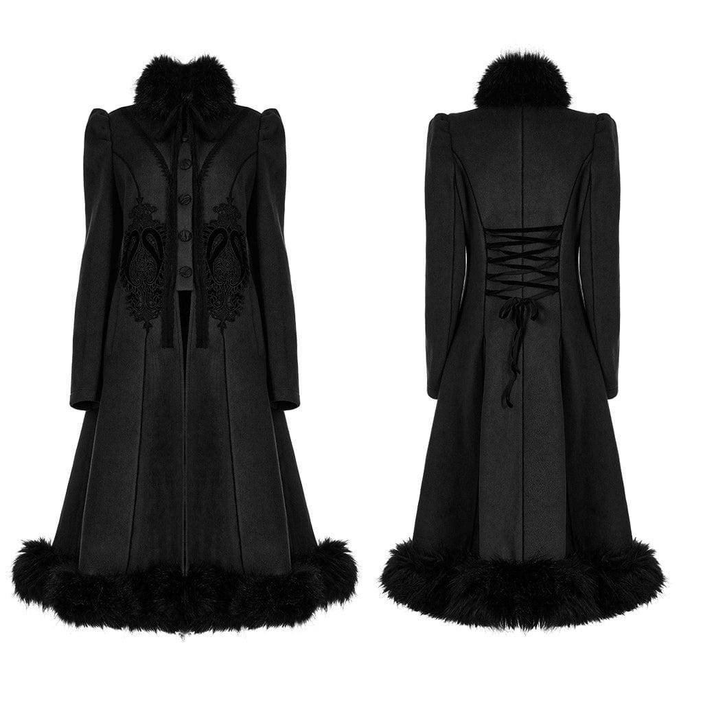 PUNK RAVE Women's Gothic Applique Single-breasted Faux Wool Maxi Coat