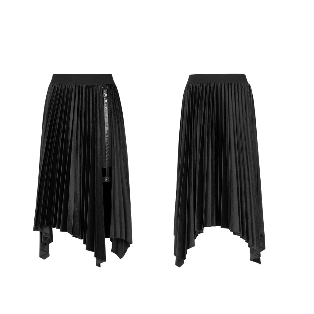 PUNK RAVE Women's Gothic Asymmetric Hem Long Pleated Skirts With Leg Ring