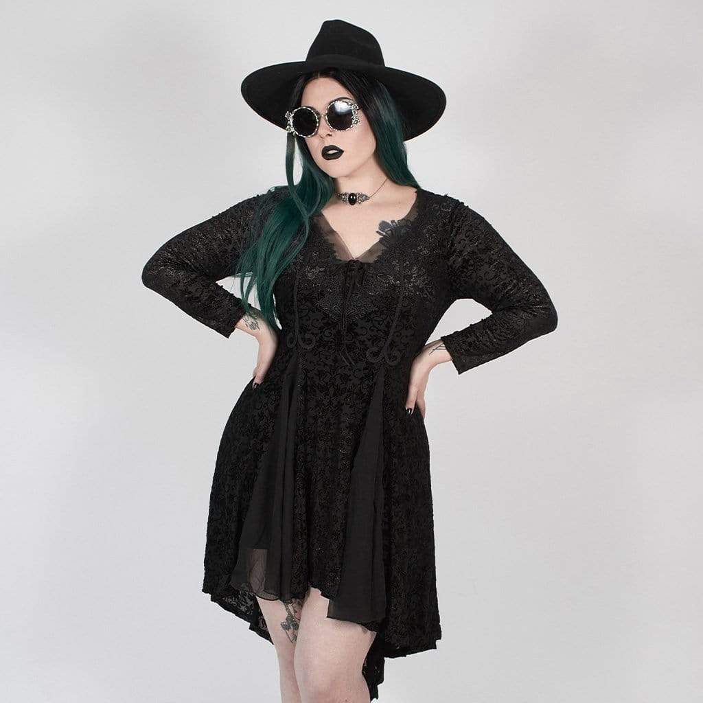 Women's Gothic Asymmetrical Black Dress with Full Sleeves and Net Details