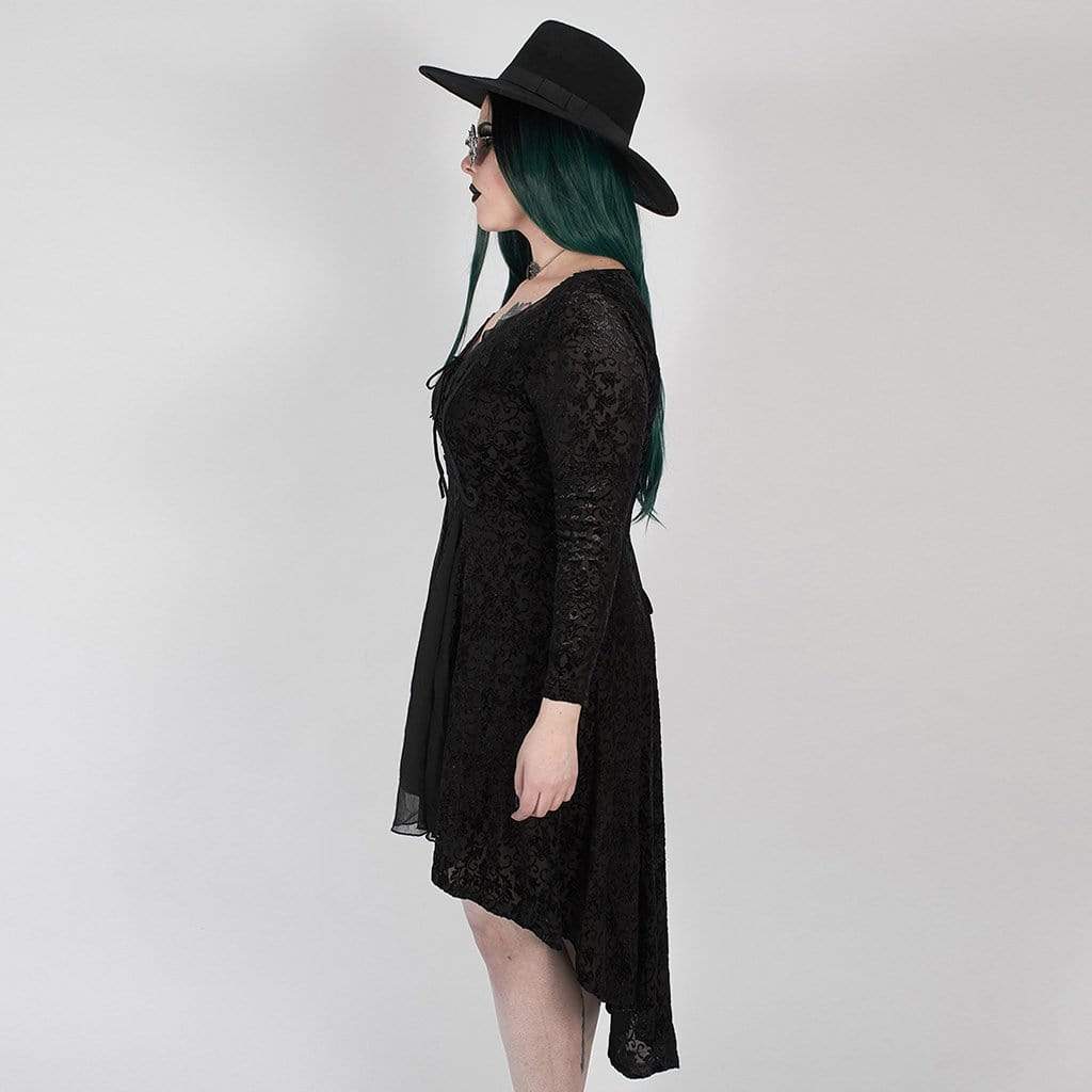 Women's Gothic Asymmetrical Black Dress with Full Sleeves and Net Details
