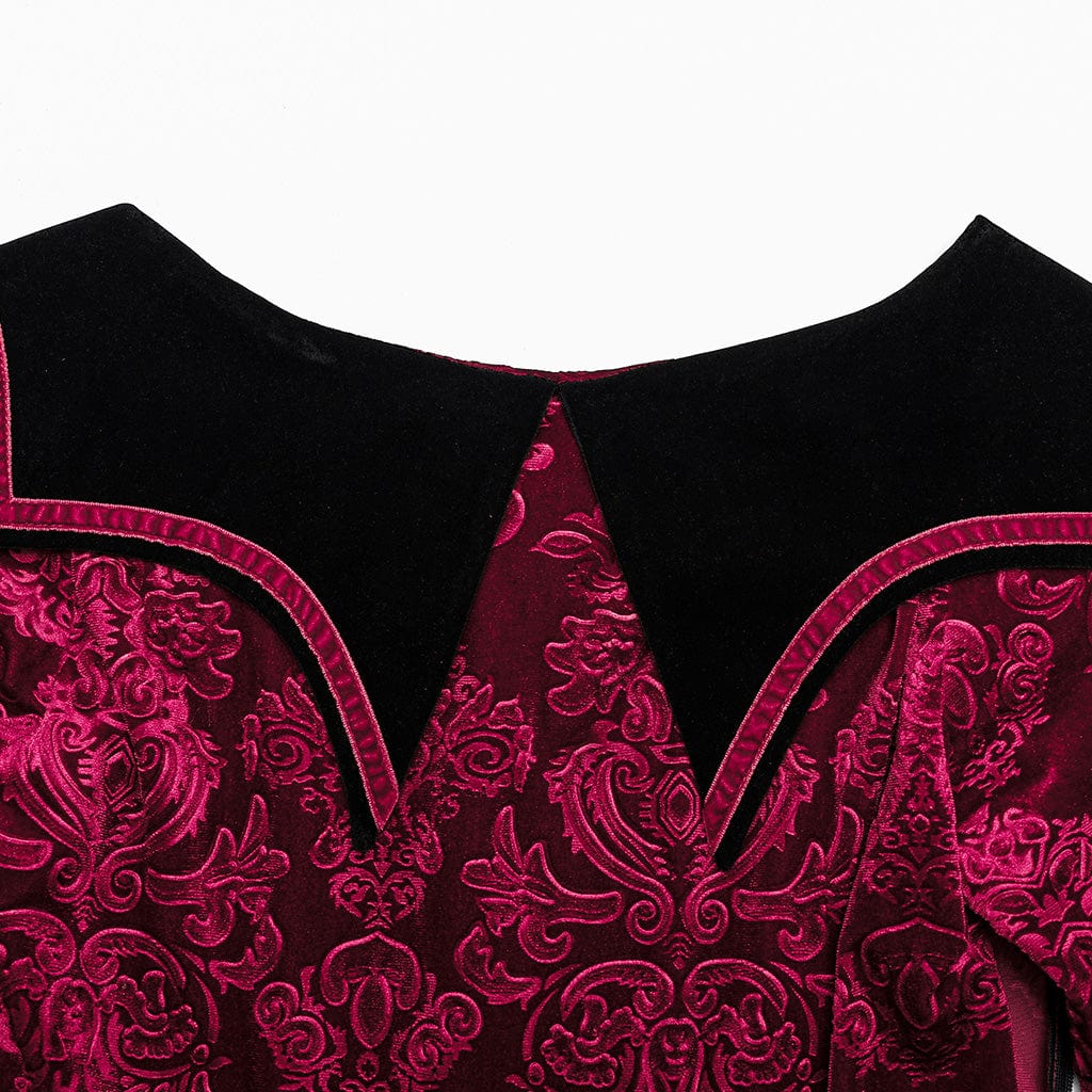 PUNK RAVE Women's Gothic Bat Collar Embossed Velvet Dress