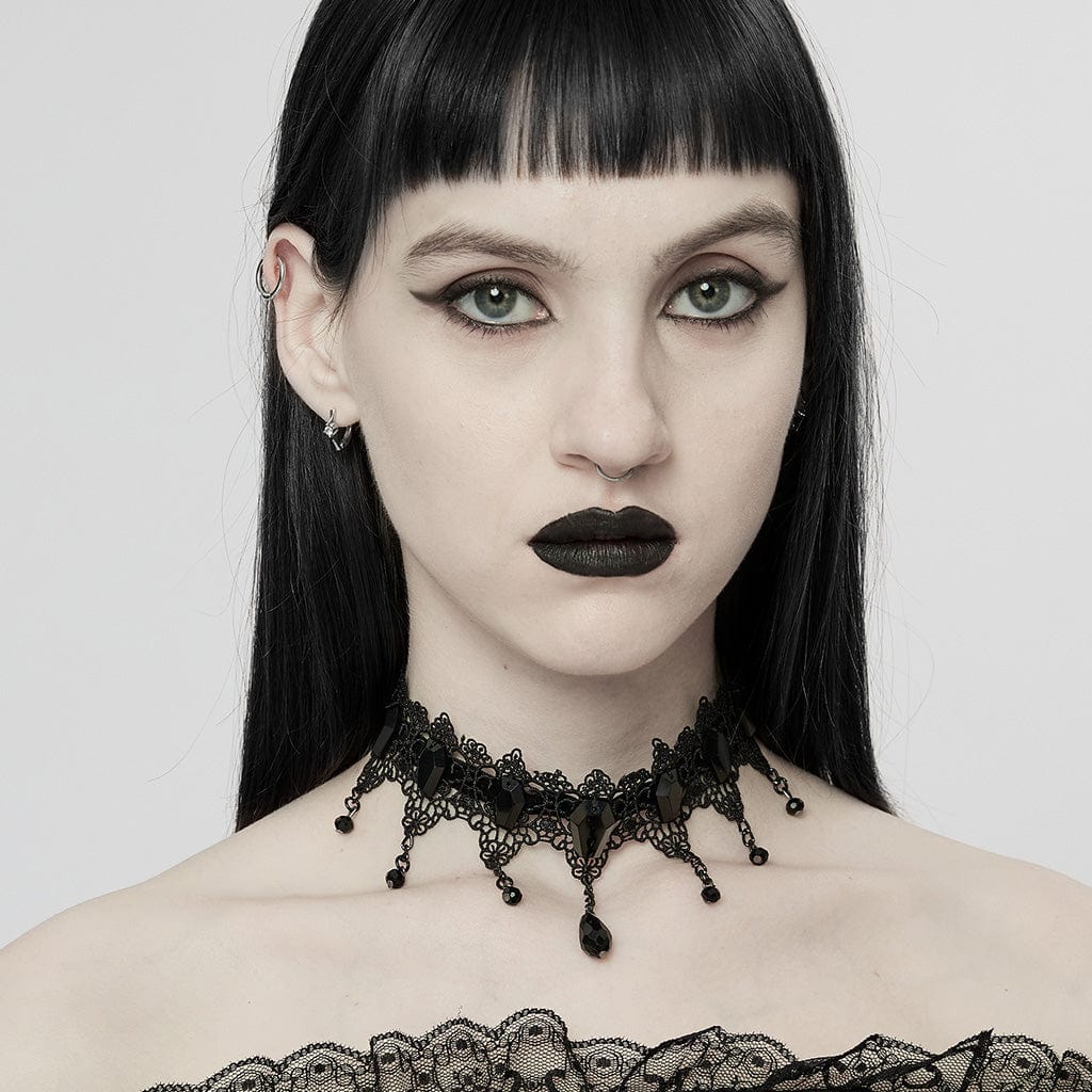 PUNK RAVE Women's Gothic Beaded Lace Choker