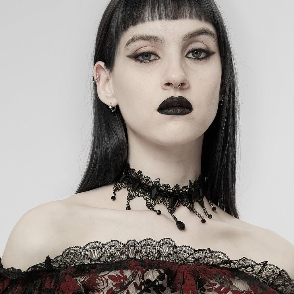 PUNK RAVE Women's Gothic Beaded Lace Choker