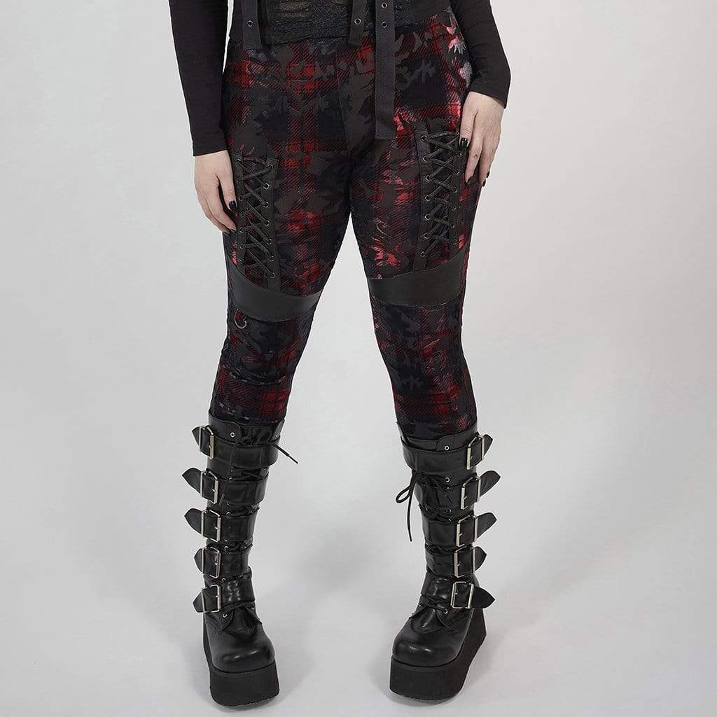 Women's Plus Size Gothic Black and Red Grungy Checked Velvet Leggings