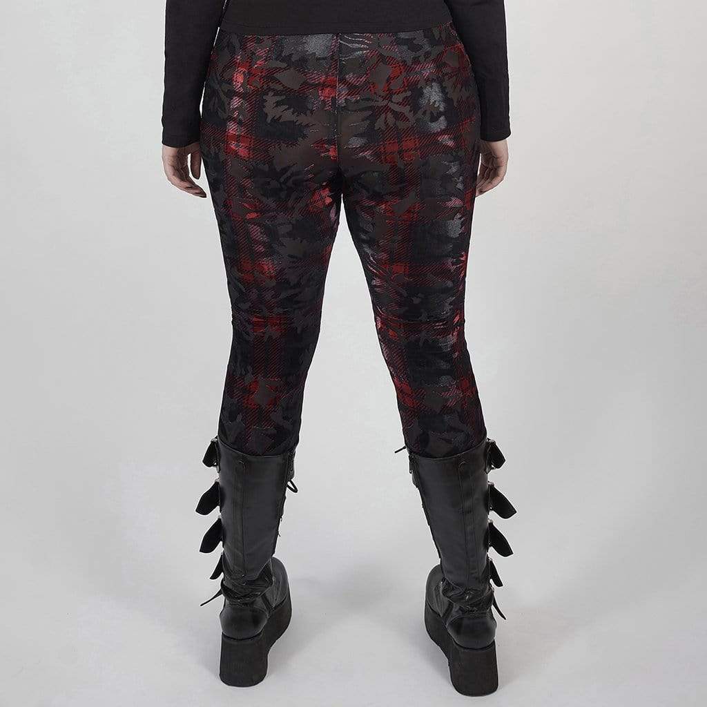 Women's Plus Size Gothic Black Red Grungy Checked Velvet Leggings – Punk Design