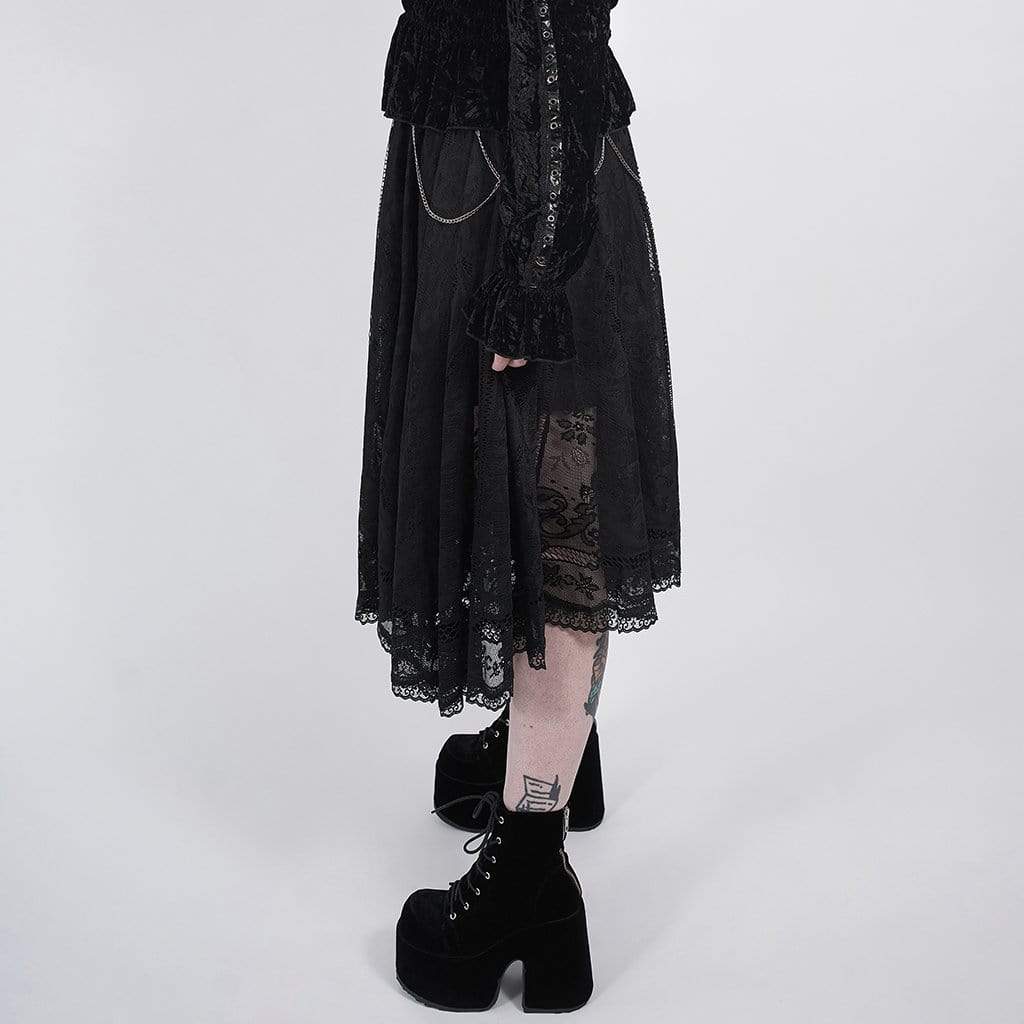 Women's Plus Size Gothic Black Delicate Lace Calf Length Skirt