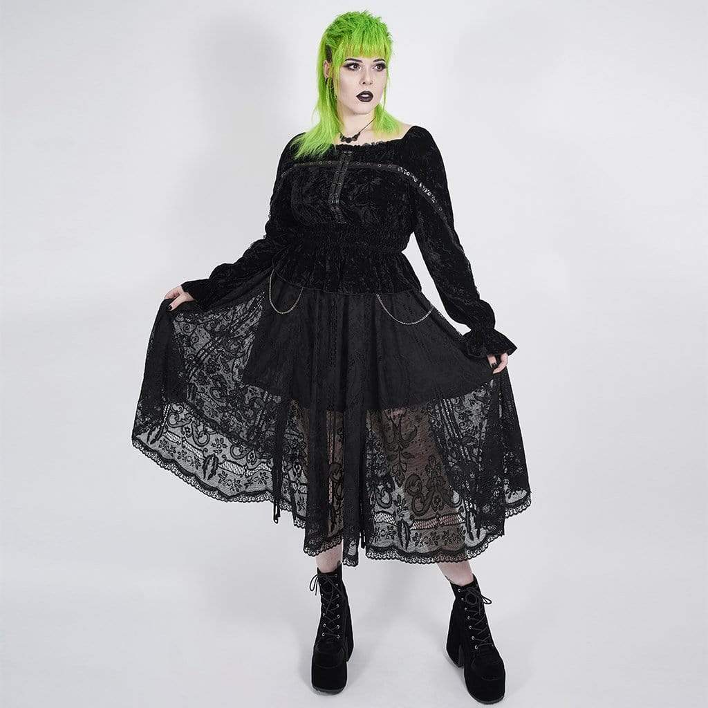 Women's Plus Size Gothic Black Delicate Lace Calf Length Skirt