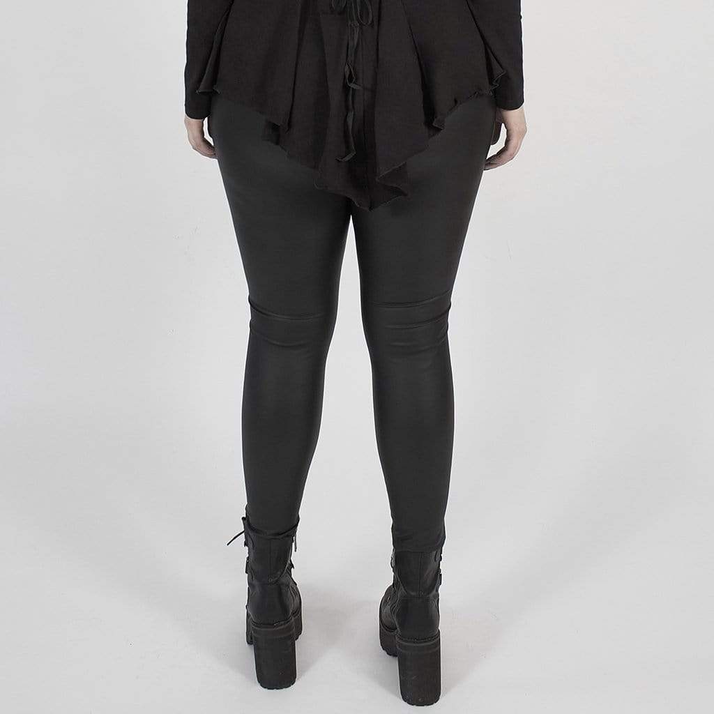 Women's Plus Size Gothic Black Faux Leather Leggings with Embroidered Details