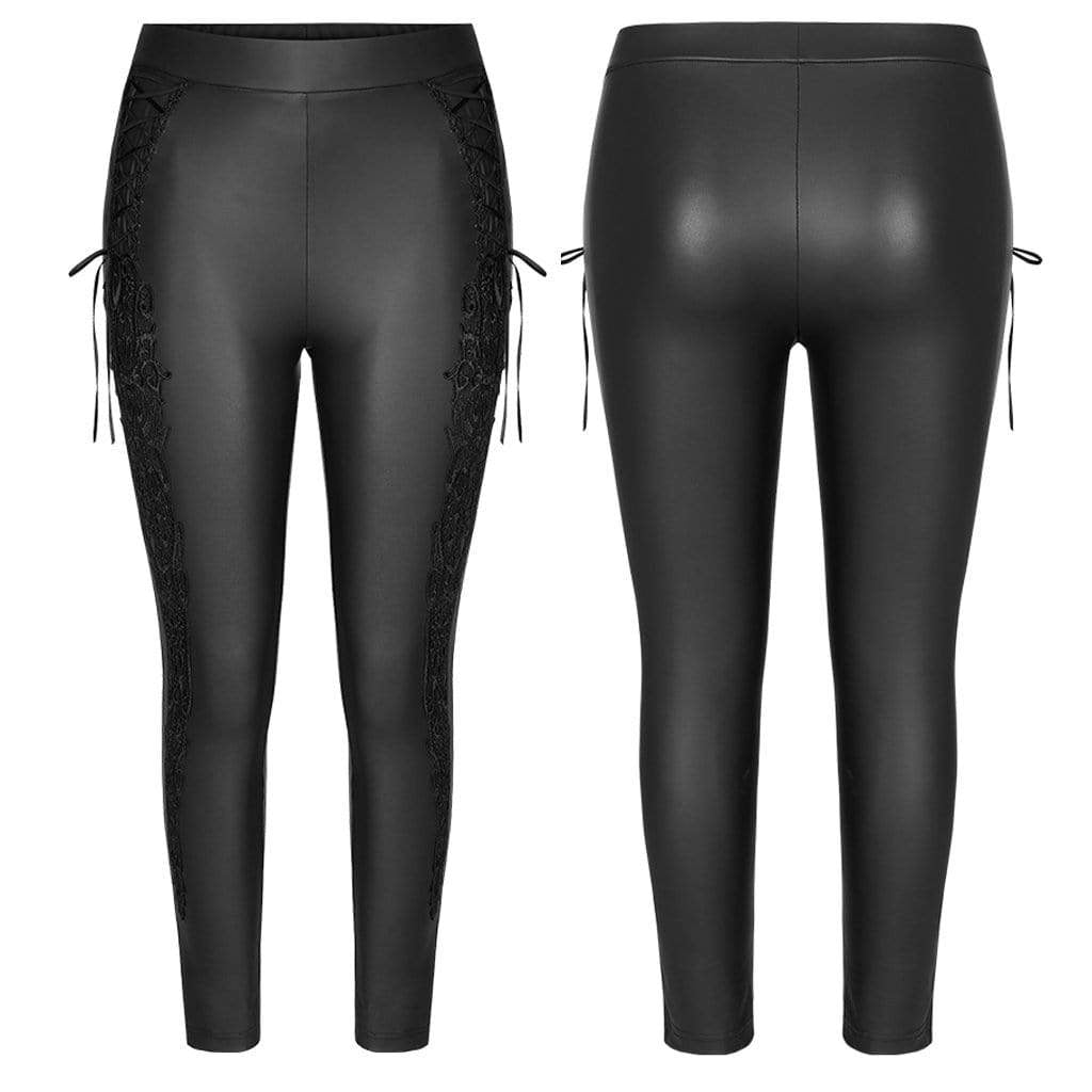 Women's Plus Size Gothic Black Faux Leather Leggings with Embroidered Details