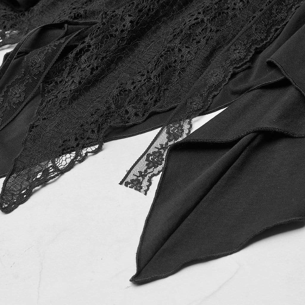 Women's Gothic Black Lace Asymmetrical Hemline Full Sleeve Top