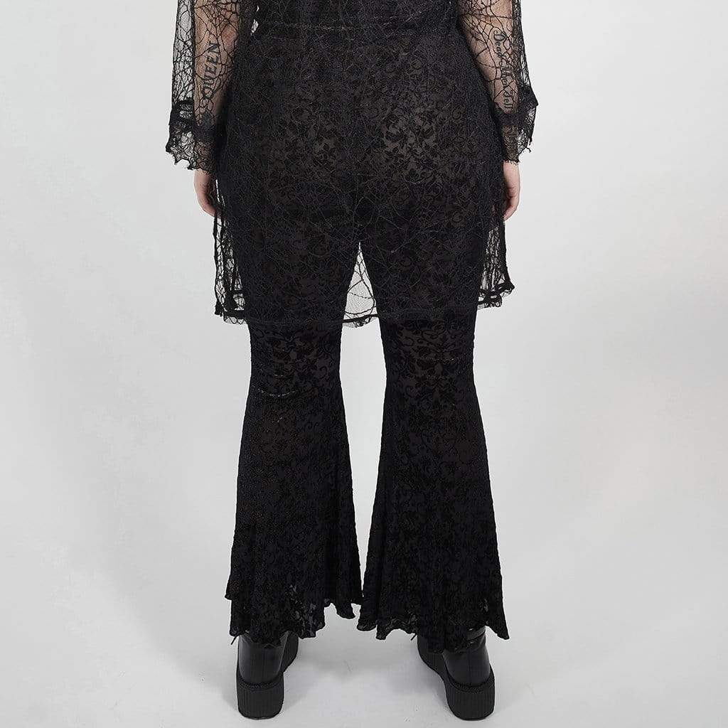 Women's Plus Size Gothic Black Lace Overlay Flared Pants