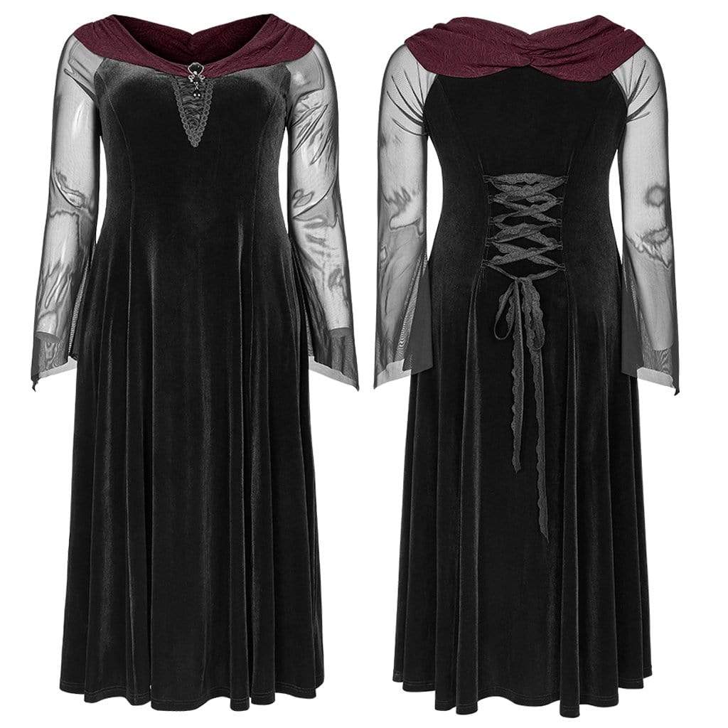 Women's Plus Size Gothic Black Velvet Midi Dress with Net Sleeves and Scarlet Collar