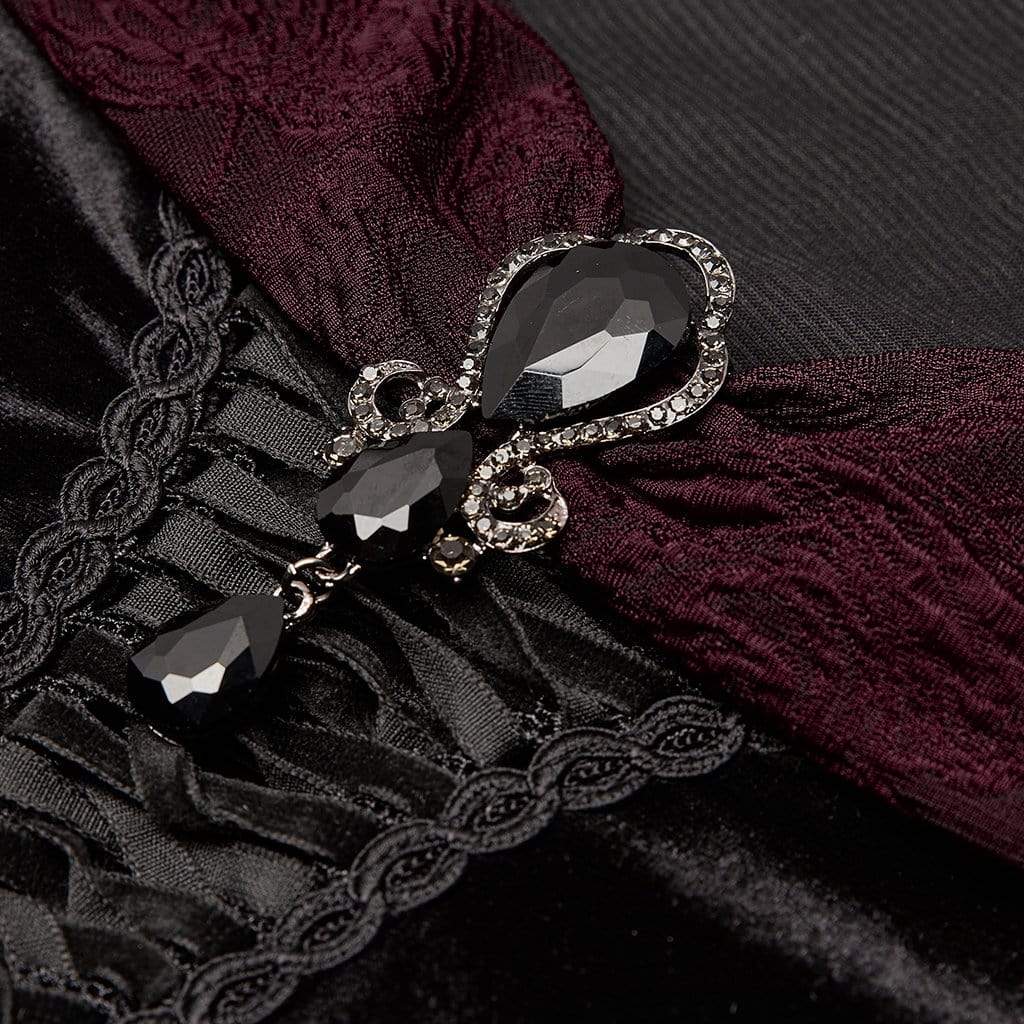 Women's Plus Size Gothic Black Velvet Midi Dress with Net Sleeves and Scarlet Collar