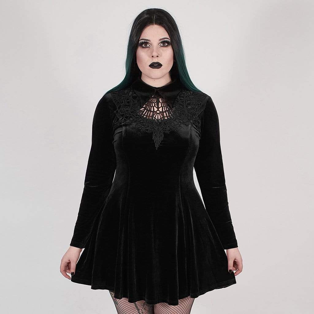 Women's Plus Size Gothic Black Velvet Short Collared Dress