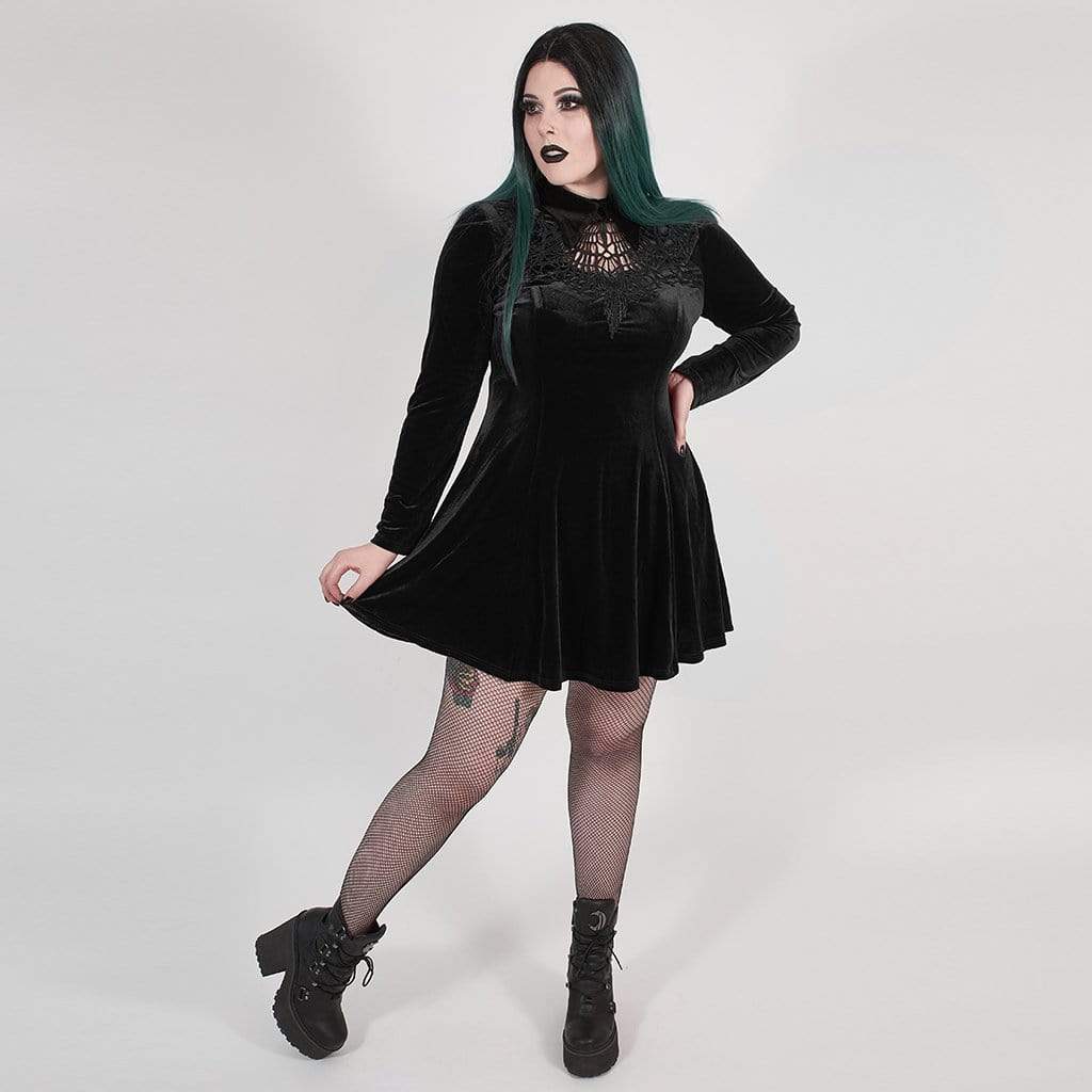 Women's Plus Size Gothic Black Velvet Short Collared Dress