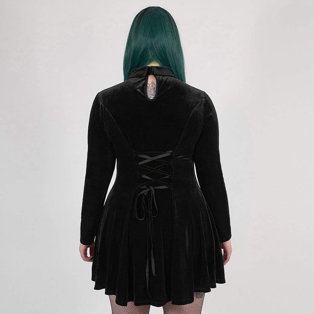 Women's Plus Size Gothic Black Velvet Short Collared Dress – Punk Design