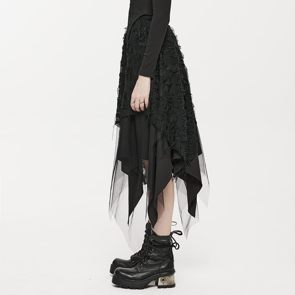 PUNK RAVE Women's Gothic Butterfly Ripped Irregular Hem Skirt