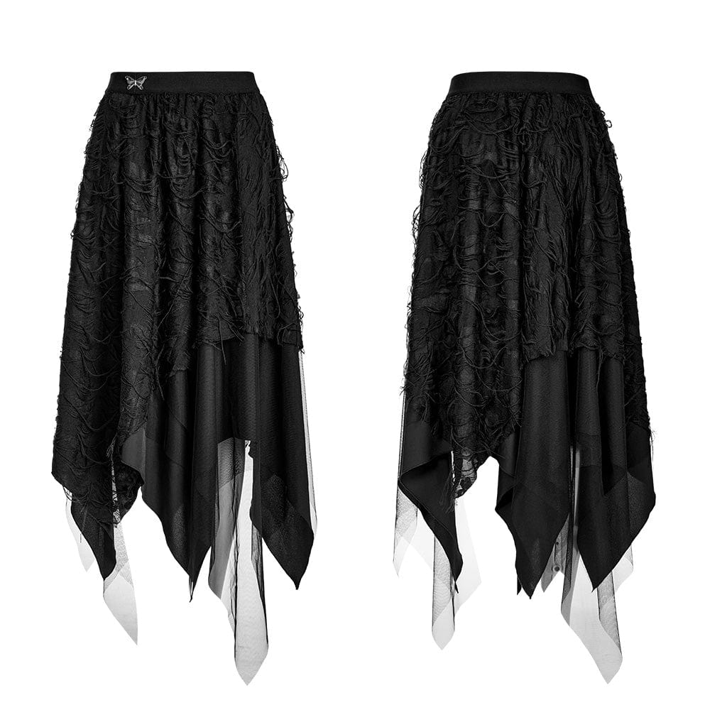 PUNK RAVE Women's Gothic Butterfly Ripped Irregular Hem Skirt