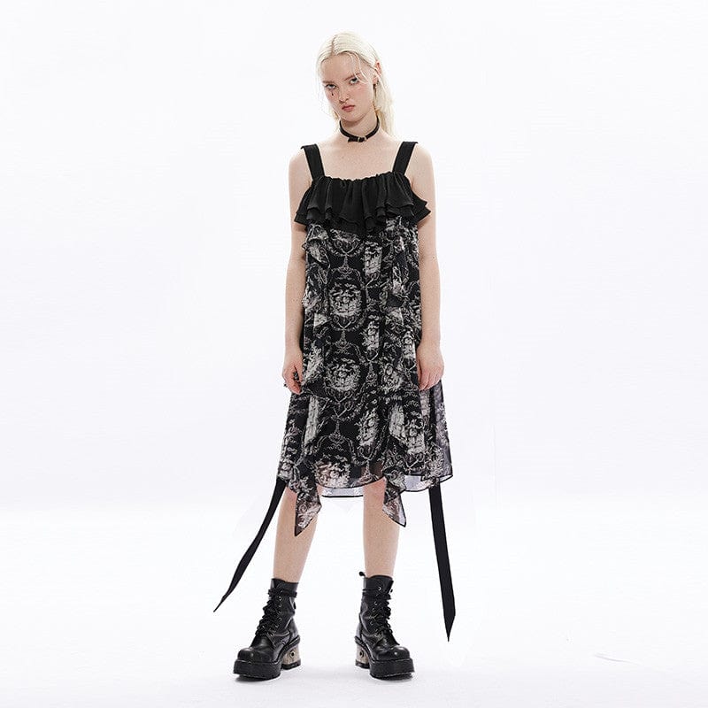 Punk Rave Women's Gothic Cat Printed Chiffon Slip Dress
