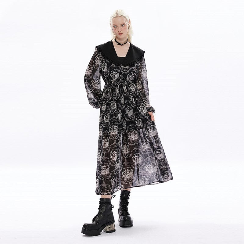 Punk Rave Women's Gothic Cat Printed Maxi Chiffon Dress