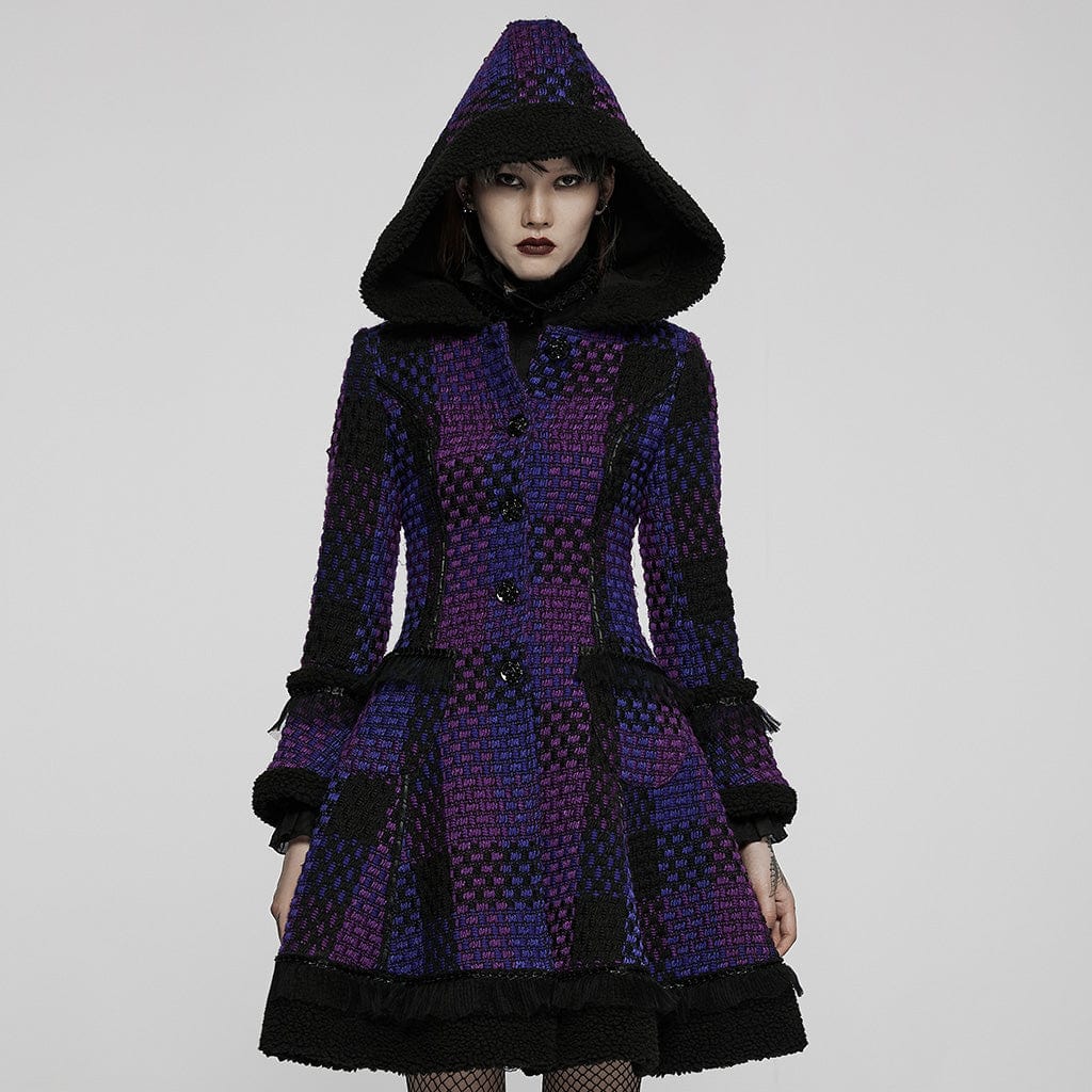 PUNK RAVE Women's Gothic Contrast Color Flare Sleeved Winter Coat with Hood