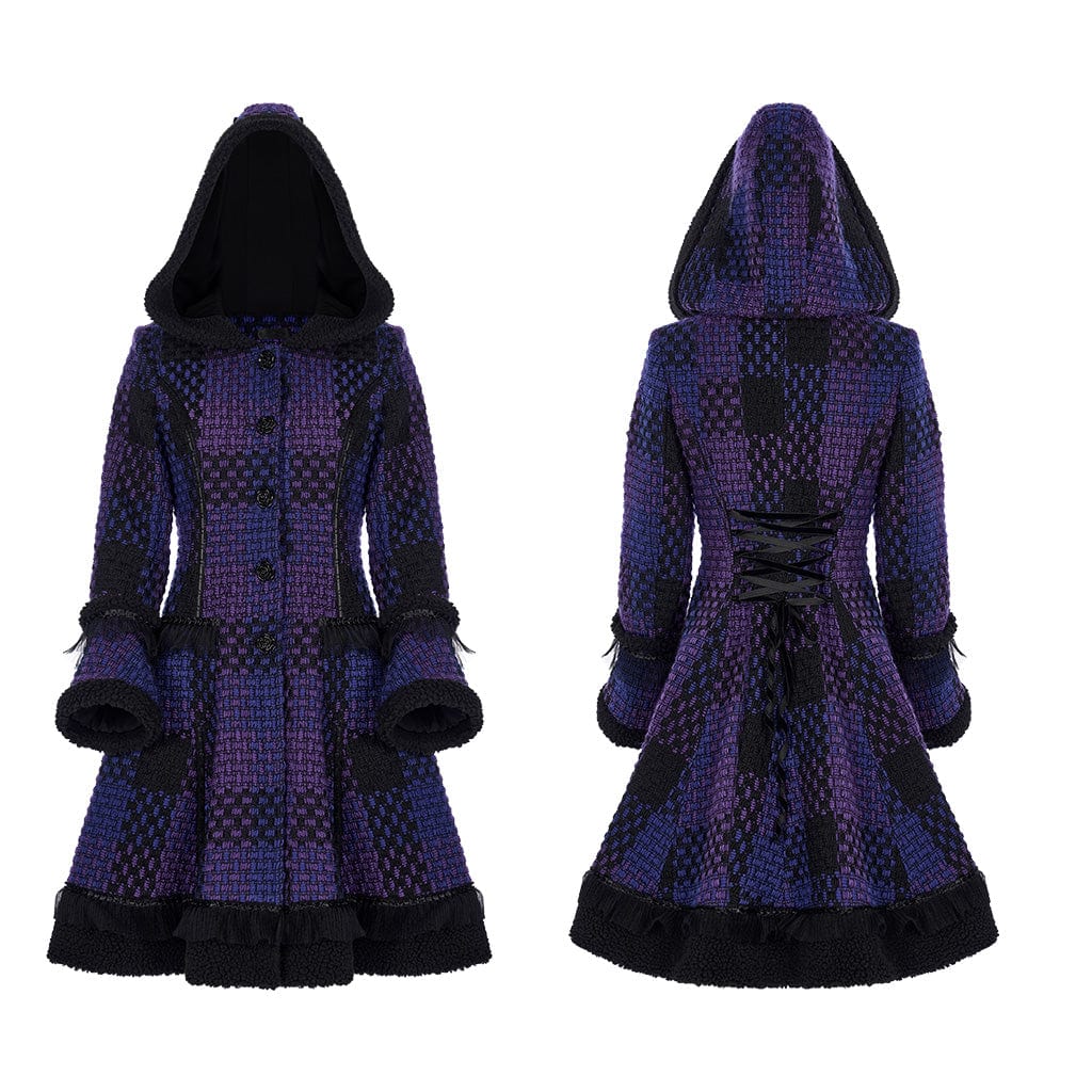 PUNK RAVE Women's Gothic Contrast Color Flare Sleeved Winter Coat with Hood
