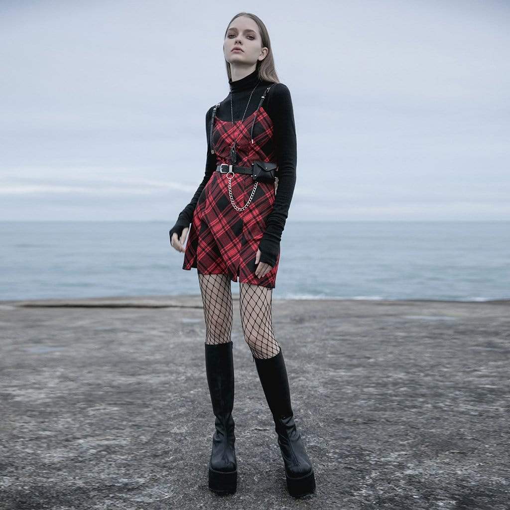 Women's Gothic Contrast Color Plaid Slip Dresses