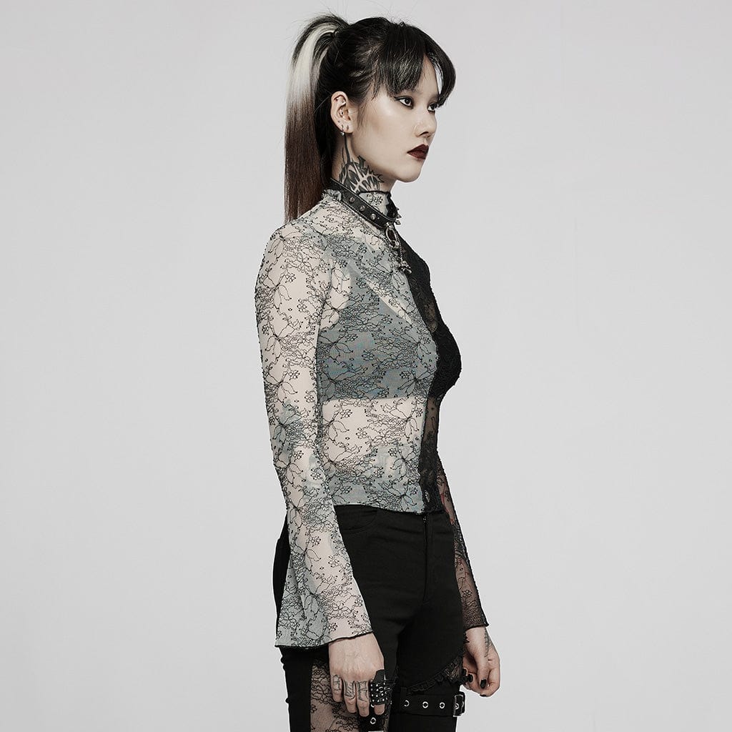 PUNK RAVE Women's Gothic Contrast Color Sheer Floral Lace Shirt