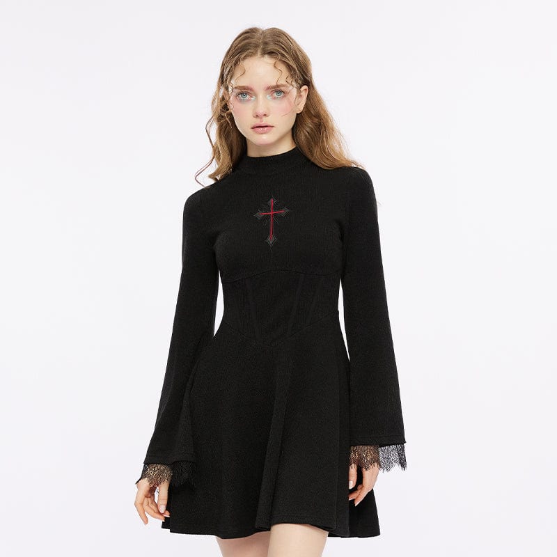 PUNK RAVE Women's Gothic Cross Embroidered Lace Splice Dress