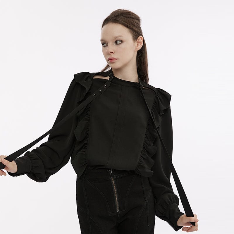 PUNK RAVE Women's Gothic Cutout Strap Ruffled Shirt